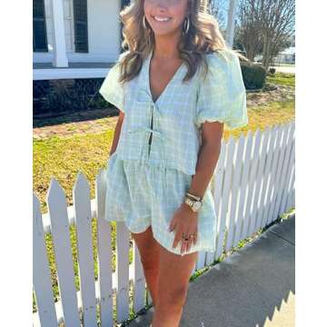 Yuemengxuan Women Y2k Peplum Shirt Shorts Set Two Piece Lounge Set Pajamas Sets Puff Sleeve Tie Front Top 2pcs Outfits Set (Green #ruy7, M)