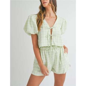 Yuemengxuan Women Y2k Peplum Shirt Shorts Set Two Piece Lounge Set Pajamas Sets Puff Sleeve Tie Front Top 2pcs Outfits Set (Green #ruy7, M)