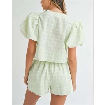 Yuemengxuan Women Y2k Peplum Shirt Shorts Set Two Piece Lounge Set Pajamas Sets Puff Sleeve Tie Front Top 2pcs Outfits Set (Green #ruy7, M)