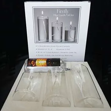Firefly Refillable Glass Unscented Pillar Candle Gift Set - Elegant, Long-Lasting, and Planet-Friendly - Includes 3 Oil Candles
