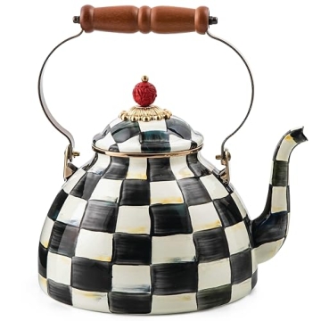 MACKENZIE-CHILDS Enamel Tea Kettle, Stylish Tea Kettle for Stovetop, Black-and-White Courtly Check, 3 Quarts