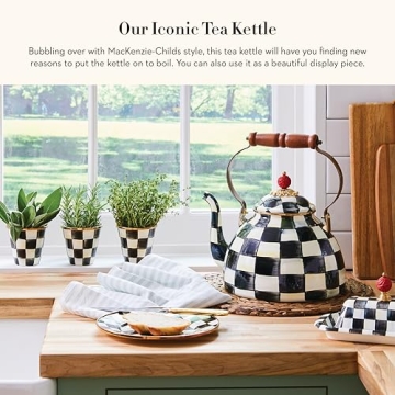 MACKENZIE-CHILDS Enamel Tea Kettle, Stylish Tea Kettle for Stovetop, Black-and-White Courtly Check, 3 Quarts