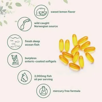 Omega 3 Fish Oil Supplements 3,000mg Per Serving, 240 Softgels | Lemon Flavored – Burpless | EPA 540mg + DHA 360mg | Heart & Brain Support | Deep Sea Fish