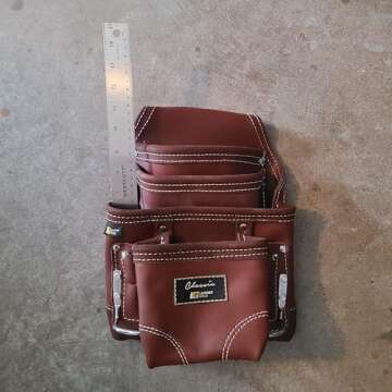 LEATHER GOLD Heavy Duty Tool Pouch | Carpenters Tool Pouch 3350, Brown, Oil-Tanned, 10 Pockets, 2 Hammer Holders, Reinforced Seams