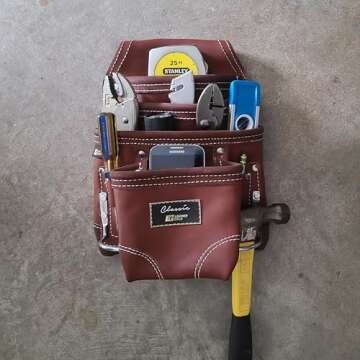 LEATHER GOLD Heavy Duty Tool Pouch | Carpenters Tool Pouch 3350, Brown, Oil-Tanned, 10 Pockets, 2 Hammer Holders, Reinforced Seams