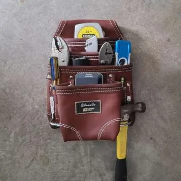 LEATHER GOLD Heavy Duty Tool Pouch | Carpenters Tool Pouch 3350, Brown, Oil-Tanned, 10 Pockets, 2 Hammer Holders, Reinforced Seams