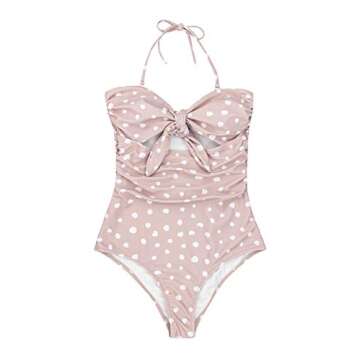 QINSEN Womens High Waist One Piece Swimsuit Sexy Removeable Straps Tie Knot One Piece Bathing Suit Pink M