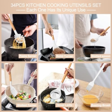Silicone Cooking Utensils Set, 43Pcs Non-Stick Heat Resistant Kitchen Utensils Spatula Set with Wooden Handle for Baking, Cooking, and Mixing, Best Kitchen Gadgets Tools with Holder (White)