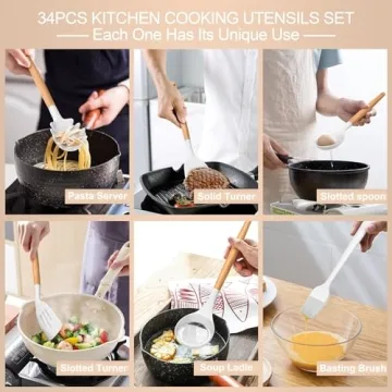 Silicone Cooking Utensils Set, 43Pcs Non-Stick Heat Resistant Kitchen Utensils Spatula Set with Wooden Handle for Baking, Cooking, and Mixing, Best Kitchen Gadgets Tools with Holder (White)