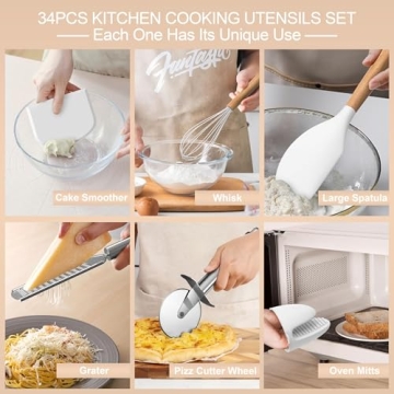 Silicone Cooking Utensils Set, 43Pcs Non-Stick Heat Resistant Kitchen Utensils Spatula Set with Wooden Handle for Baking, Cooking, and Mixing, Best Kitchen Gadgets Tools with Holder (White)