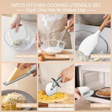 Silicone Cooking Utensils Set, 43Pcs Non-Stick Heat Resistant Kitchen Utensils Spatula Set with Wooden Handle for Baking, Cooking, and Mixing, Best Kitchen Gadgets Tools with Holder (White)