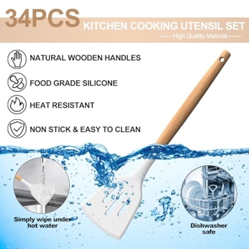 Silicone Cooking Utensils Set, 43Pcs Non-Stick Heat Resistant Kitchen Utensils Spatula Set with Wooden Handle for Baking, Cooking, and Mixing, Best Kitchen Gadgets Tools with Holder (White)