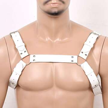 PU Leather Chest Harness Strong And Sturdy Shoulder Strap Body Comfortable Belt Punk Gothic Cosplay Clubwear Costume for Mens (White B)