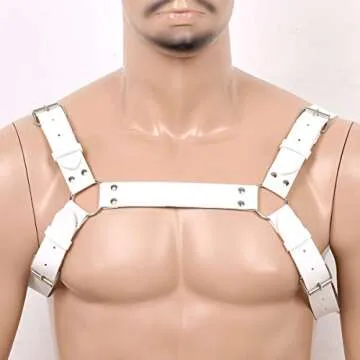 PU Leather Chest Harness Strong And Sturdy Shoulder Strap Body Comfortable Belt Punk Gothic Cosplay Clubwear Costume for Mens (White B)