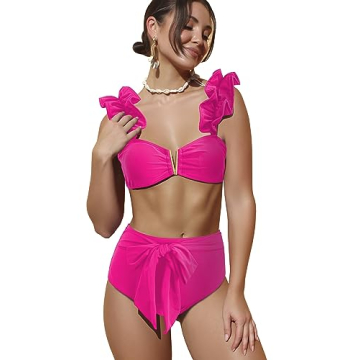 SPORLIKE Women High Waisted Swimsuit Flounce Straps Bikini Tie Back Straps Bathing Suit(Pink,Small)
