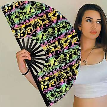 Raveahem Lridescent Holographic Large Rave Bamboo Folding Clack Hand Fan With Holster for Men/Women Handheld Fan for EDM,Music Festival,Club,Freaky,Party,Dance,Performance,Decoration,Gift