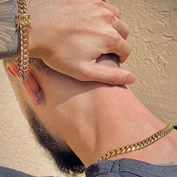 TRIPOD JEWELRY Men's Hip Hop Miami Cuban Link Chain or Bracelet - 14K or White Gold Plated Stainless Steel Cuban Link Choker Gold Chains Necklace 8mm,10mm,12mm,14mm,16mm (14K Gold - 10mm, 8.50)