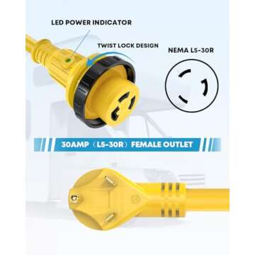 Kohree 30 Amp RV Power Extension Cord 50 ft with Grid Handle Heavy Duty, 30M/30F 90 Degree Locking A...