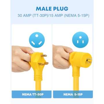 Kohree 30 Amp RV Power Extension Cord 50 ft with Grid Handle Heavy Duty, 30M/30F 90 Degree Locking Adapter, LED Indicator & 15M/30F Power Adapter(1875 W), 125V, 3750W, ETL Listed STW Wire