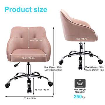 itkidboy Velvet Desk Chair for Home Office, Soft Height Adjustable 360°Swivel Computer Chair, Upholstered Guest Chair with Armrest and Wheels for Living Room/Study Room/Bedroom (Pink)