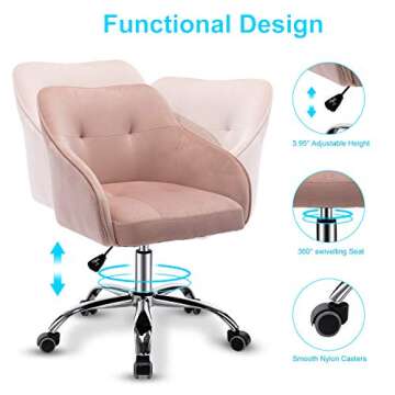 itkidboy Velvet Desk Chair for Home Office, Soft Height Adjustable 360°Swivel Computer Chair, Upholstered Guest Chair with Armrest and Wheels for Living Room/Study Room/Bedroom (Pink)