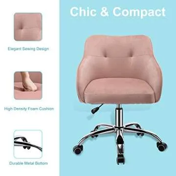 itkidboy Velvet Desk Chair for Home Office, Soft Height Adjustable 360°Swivel Computer Chair, Upholstered Guest Chair with Armrest and Wheels for Living Room/Study Room/Bedroom (Pink)