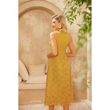 GRACE KARIN Spring Dresses for Women Sleeveless Tank Dress A Line Midi Dress with Pockets High Waist Eyelet Embroidery Yellow S