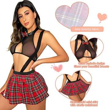 LeaLac Black Lingerie Plaid Mini Skirt Plus Size Mesh Bandage Schoolgirl Cosplay Outfit Costume for Women 659 Black XL