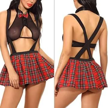LeaLac Black Lingerie Plaid Mini Skirt Plus Size Mesh Bandage Schoolgirl Cosplay Outfit Costume for Women 659 Black XL