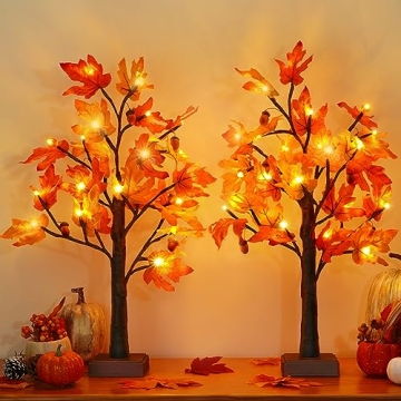 MARTINE MALL 2 Pack 23.6'' Fall Lighted Maple Tree with 24 LEDs, Thanksgiving Fall Decorations, Time...