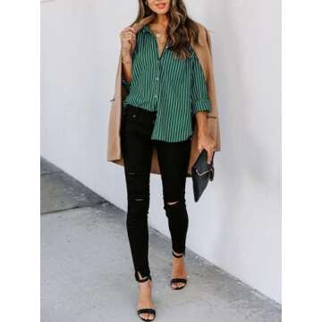 siliteelon Womens Button Down Shirts Cotton Striped Dress Shirt Long Sleeve Collared Office Work Blouses Tops - Green Striped L