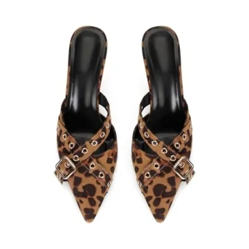 Dsevht Leopard Print Kitten Heels Women Vintage Mules