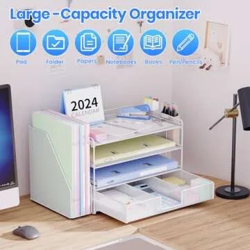 OPNICE Desk Organizers and Accessories, Desk Accessories & Workspace Organizers for Office Supplies, File Organizer Desk Drawer Organizer with 2 Pen Holders, 4 Tier Paper Organizer for Desk(White)