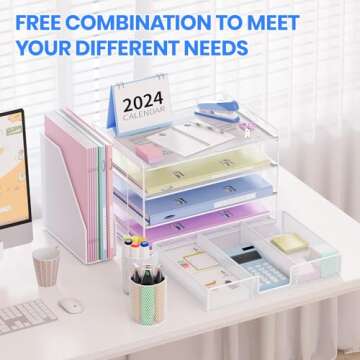 OPNICE Desk Organizers and Accessories, Desk Accessories & Workspace Organizers for Office Supplies, File Organizer Desk Drawer Organizer with 2 Pen Holders, 4 Tier Paper Organizer for Desk(White)