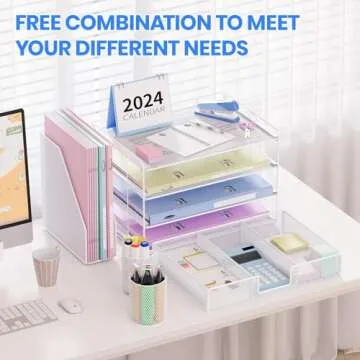 OPNICE Desk Organizers and Accessories, Desk Accessories & Workspace Organizers for Office Supplies, File Organizer Desk Drawer Organizer with 2 Pen Holders, 4 Tier Paper Organizer for Desk(White)