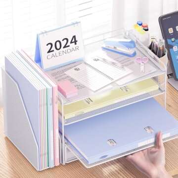 OPNICE Desk Organizers and Accessories, Desk Accessories & Workspace Organizers for Office Supplies, File Organizer Desk Drawer Organizer with 2 Pen Holders, 4 Tier Paper Organizer for Desk(White)