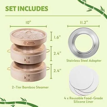 Bamboo Steamer 10 Inch 2 Tier Wooden Basket With Handle, Ring Adapter, Reusable Silicone Liner, Kit ...