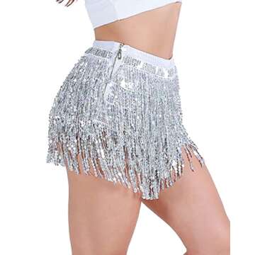 Women's Rave Bottoms Metallic Booty Shorts Fringe Sexy Sparkly Skirts, Silver Without Glasses, Small