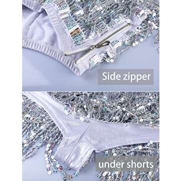 Women's Rave Bottoms Metallic Booty Shorts Fringe Sexy Sparkly Skirts, Silver Without Glasses, Small