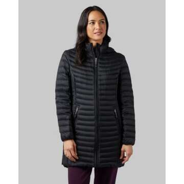 32° Degrees Women's 3/4 Ultra-Light Down Jacket| Slim Fit | Detachable Hood | Water Repellant, Black, X-Large