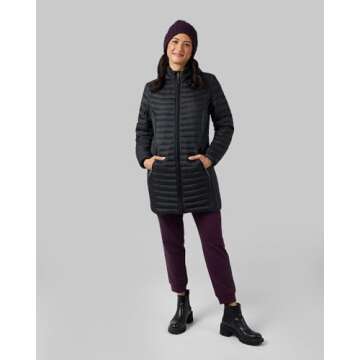 32° Degrees Women's 3/4 Ultra-Light Down Jacket| Slim Fit | Detachable Hood | Water Repellant, Black, X-Large