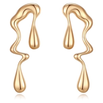 14K Gold Plated Stainless Steel Teardrop Drop Dangle Earrings for Women Asymmetrical Waterdrop Trend...