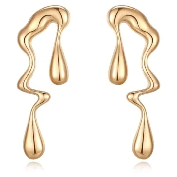 14K Gold Plated Stainless Steel Teardrop Drop Dangle Earrings for Women Asymmetrical Waterdrop Trend...
