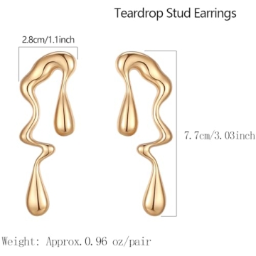 14K Gold Plated Stainless Steel Teardrop Drop Dangle Earrings for Women Asymmetrical Waterdrop Trendy Enamel Jewelry Irregular Hypoallergenic Christmas Valentine's Day Birthday Gifts