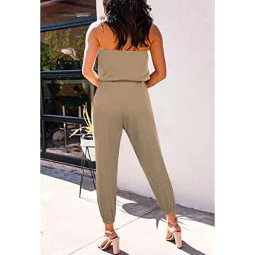 Fixmatti Women's Strapless Jumpsuits Drawstring Rompers Tube Top Casual Outfits Khaki S