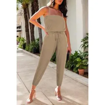 Fixmatti Women's Strapless Jumpsuits Drawstring Rompers Tube Top Casual Outfits Khaki S