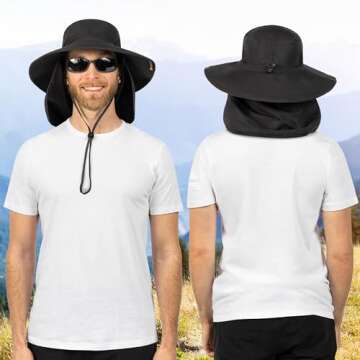 SUN CUBE Fishing Hat Sun Hat for Men, Women, Hiking Sun Hat with Neck Flap, Wide Brim, Chin Strap, Safari Summer Bucket Boonie Hat, UPF 50+ Outdoor Protection, Packable Breathable Mesh (Black)