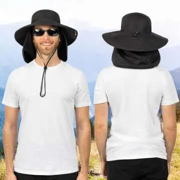 SUN CUBE Fishing Hat Sun Hat for Men, Women, Hiking Sun Hat with Neck Flap, Wide Brim, Chin Strap, Safari Summer Bucket Boonie Hat, UPF 50+ Outdoor Protection, Packable Breathable Mesh (Black)