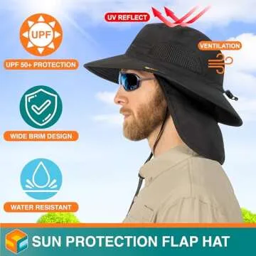 SUN CUBE Fishing Hat Sun Hat for Men, Women, Hiking Sun Hat with Neck Flap, Wide Brim, Chin Strap, Safari Summer Bucket Boonie Hat, UPF 50+ Outdoor Protection, Packable Breathable Mesh (Black)