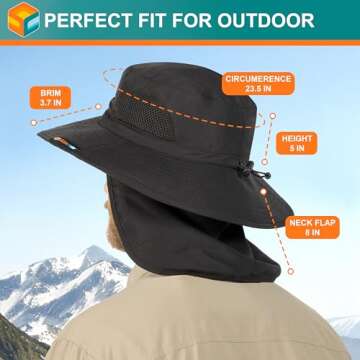 SUN CUBE Fishing Hat Sun Hat for Men, Women, Hiking Sun Hat with Neck Flap, Wide Brim, Chin Strap, Safari Summer Bucket Boonie Hat, UPF 50+ Outdoor Protection, Packable Breathable Mesh (Black)